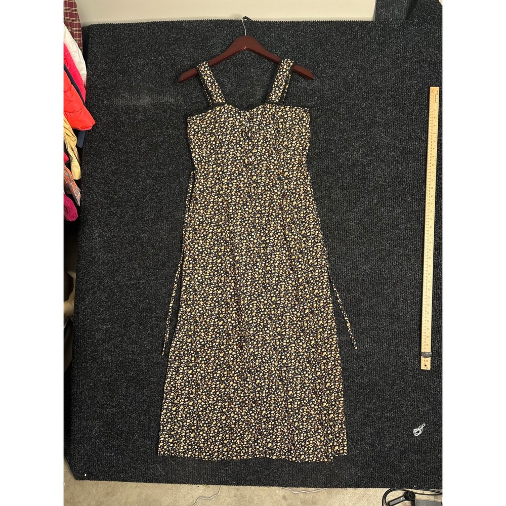 Shiyun Black Floral Midi Dress Lace Trim Pearl Buttons Yellow Orange Small
